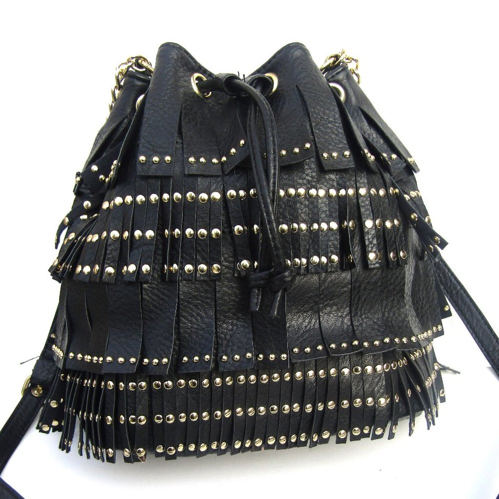 Juicy Couture Leather Drawstring Bag Black w Fringe Studded Excellent